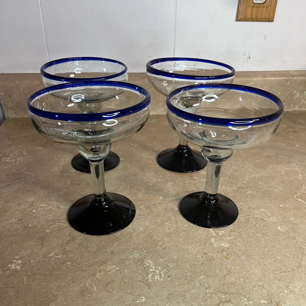 Set of 4 Blue-Rim Margarita Glasses Hand Blown